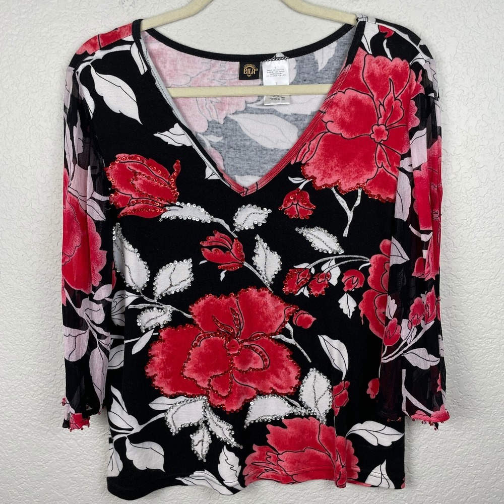 Bila Top Womens L Red Floral Boho Rhinestone Beaded Split Sleeve Dark Romantic